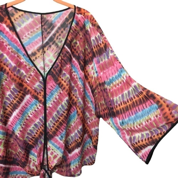 𝅺SHEER bright multi geo print tie waist top/cover. - Picture 3 of 6